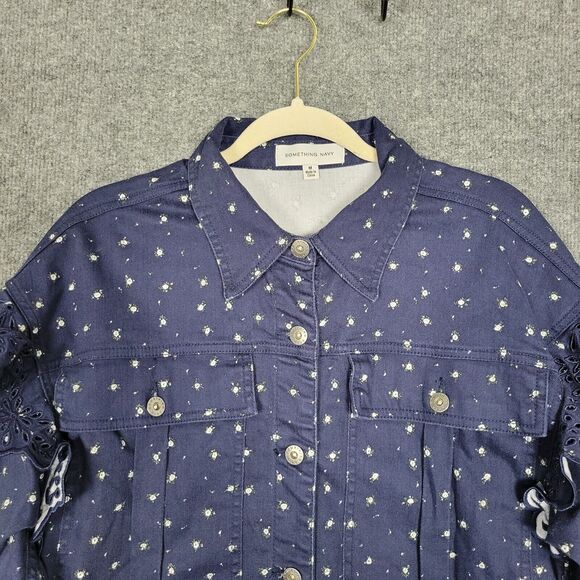 SOMETHING NAVY Celeste Blue Floral Ditsy Eyelet Ruffle Detail Jacket SIZE MEDIUM - Picture 6 of 13